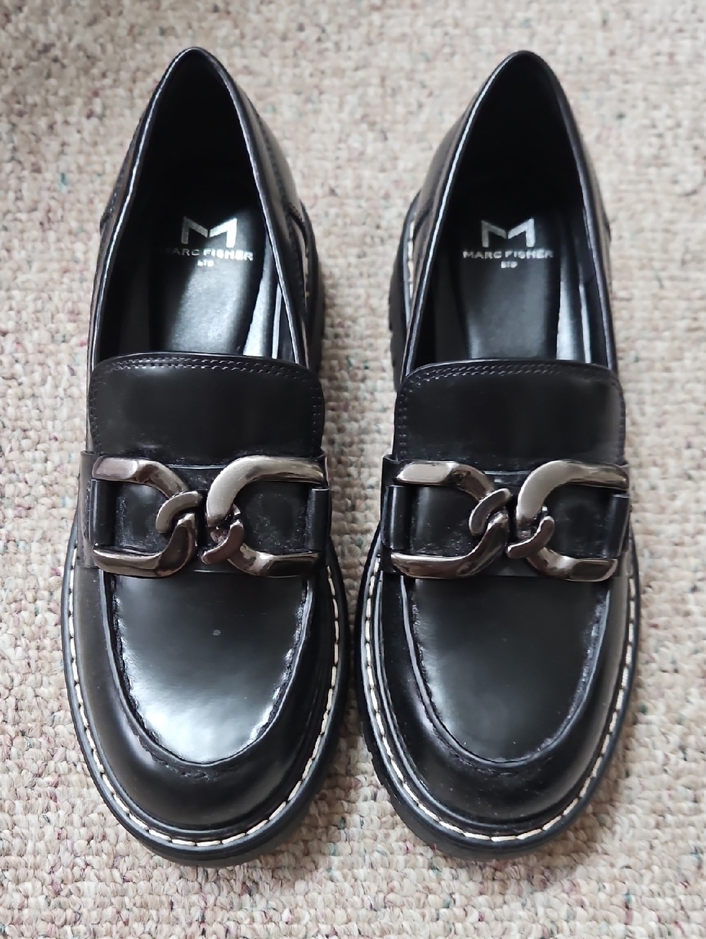 Marc Fisher Black Patent Leather Chain-Trim Loafers